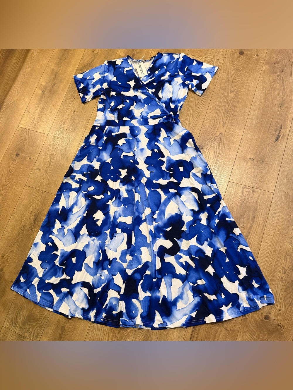 NWT AUSELILY Abstract A-Line Maxi Dress Blue White V-Neck Short Sleeve 2XL
